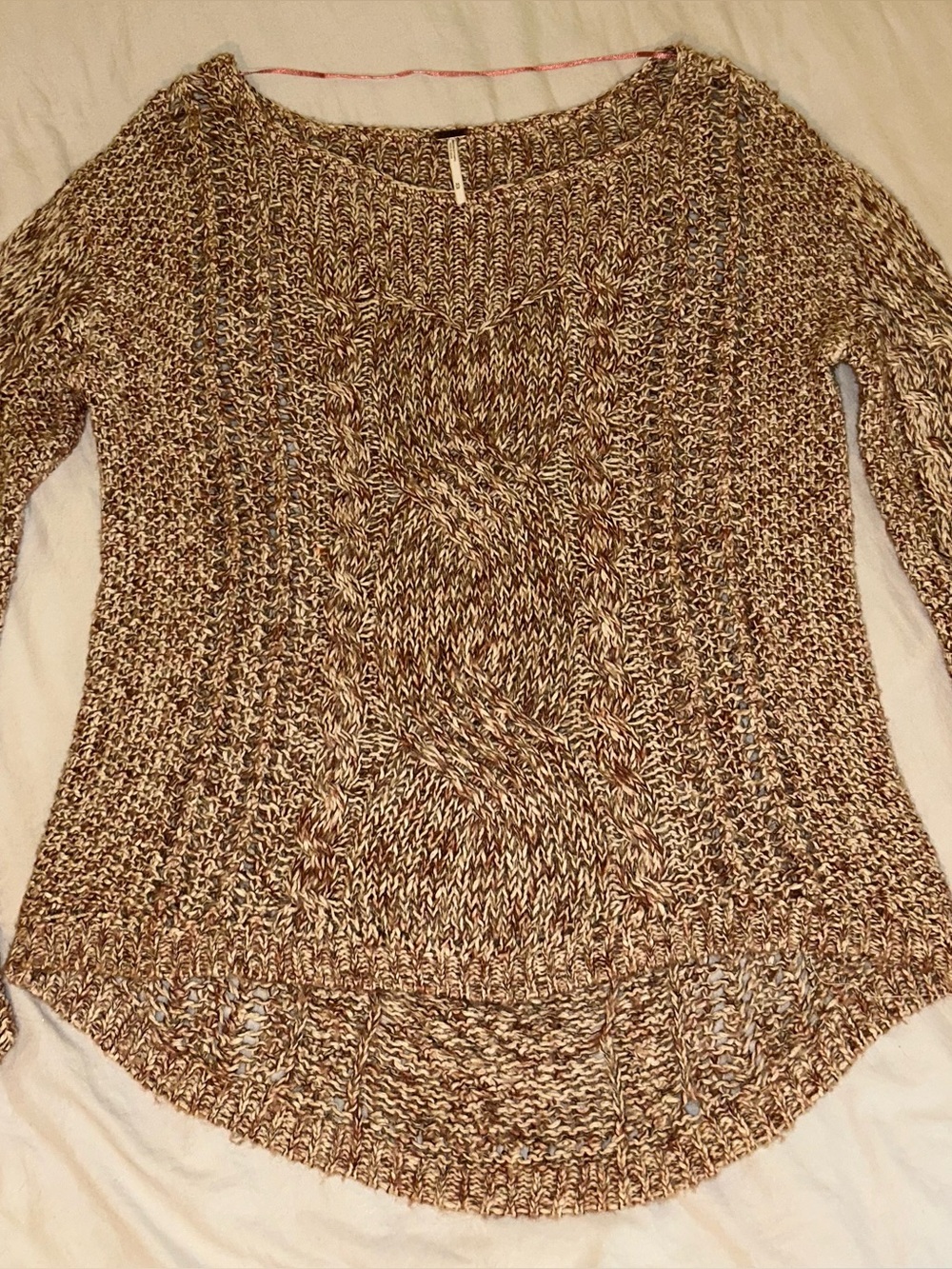 Free People Brown Ivory Cable Knit Scoop Neck Relaxed Pullover Sweater M Boho